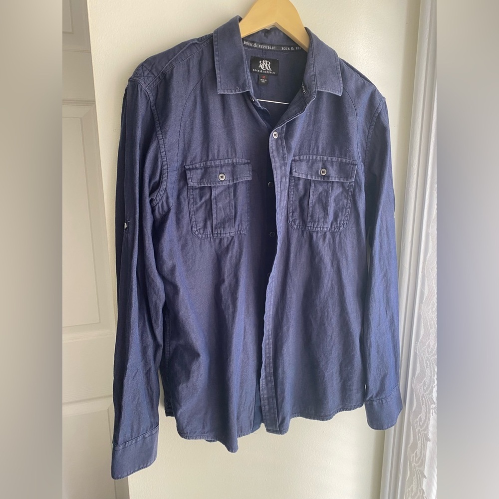 Rock & Republic Navy Blue Shirt Men's Pockets Long Sleeve Button Down Casual EUC